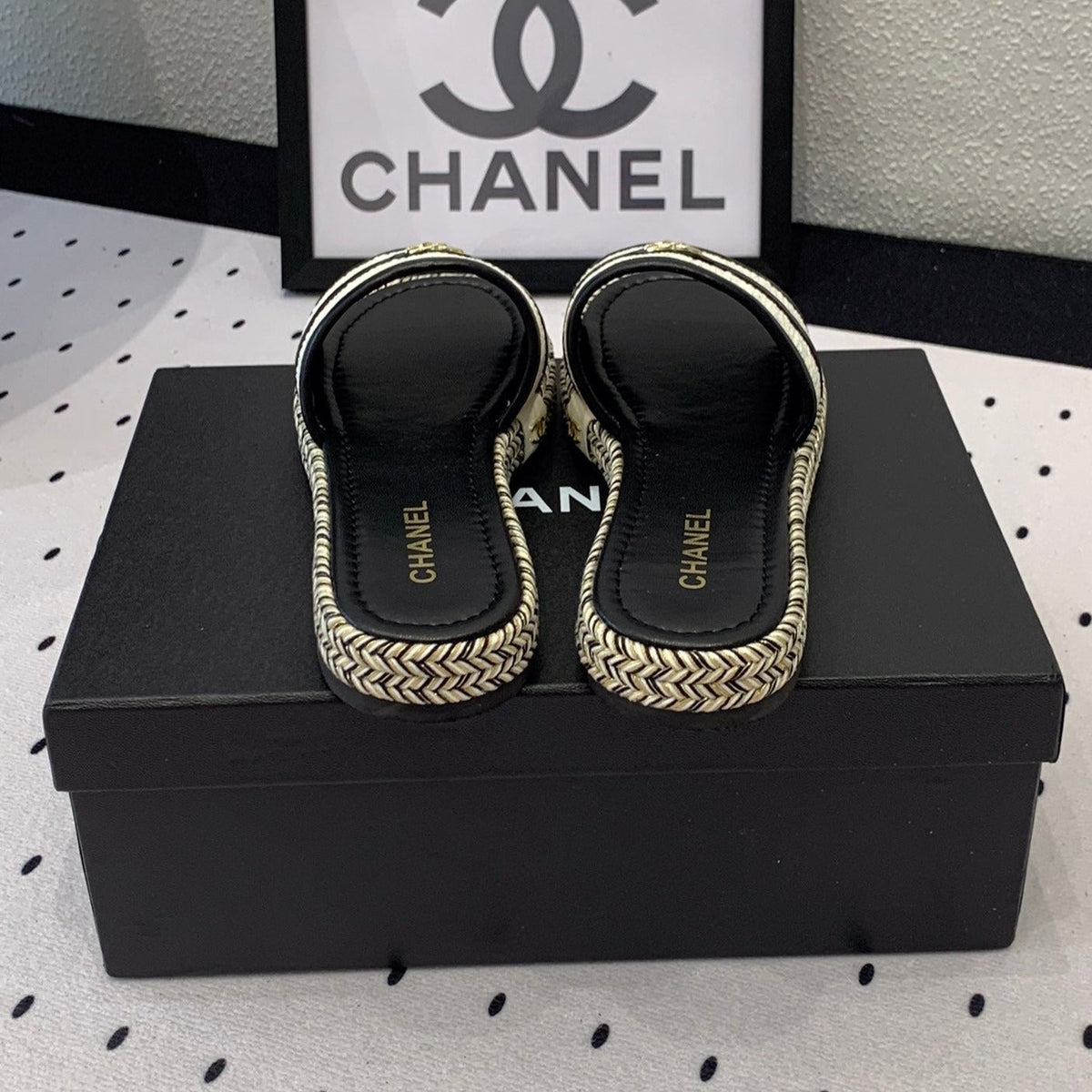 CHANEL Double  Women White Black Slippers Calfskin