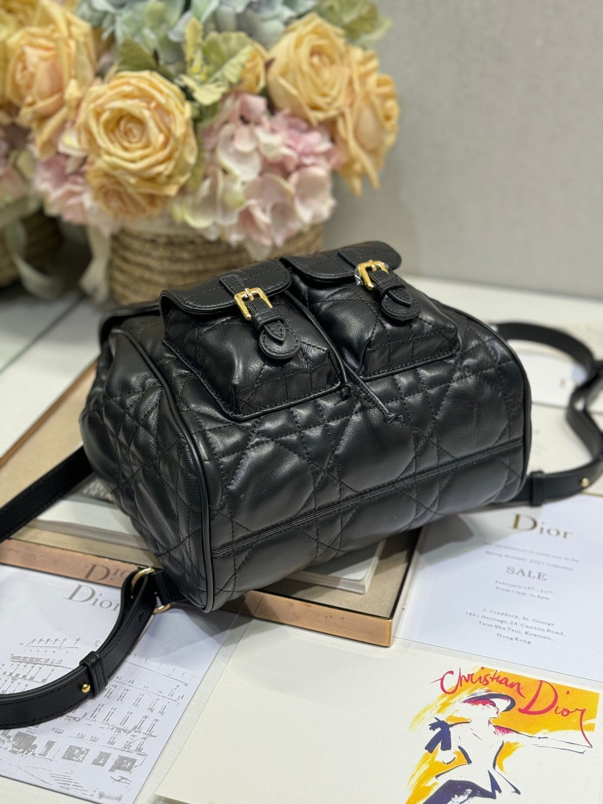 DIOR MEDIUM CARO BACKPACK 27 IN BLACK MACROCANNAGE LAMBSKIN