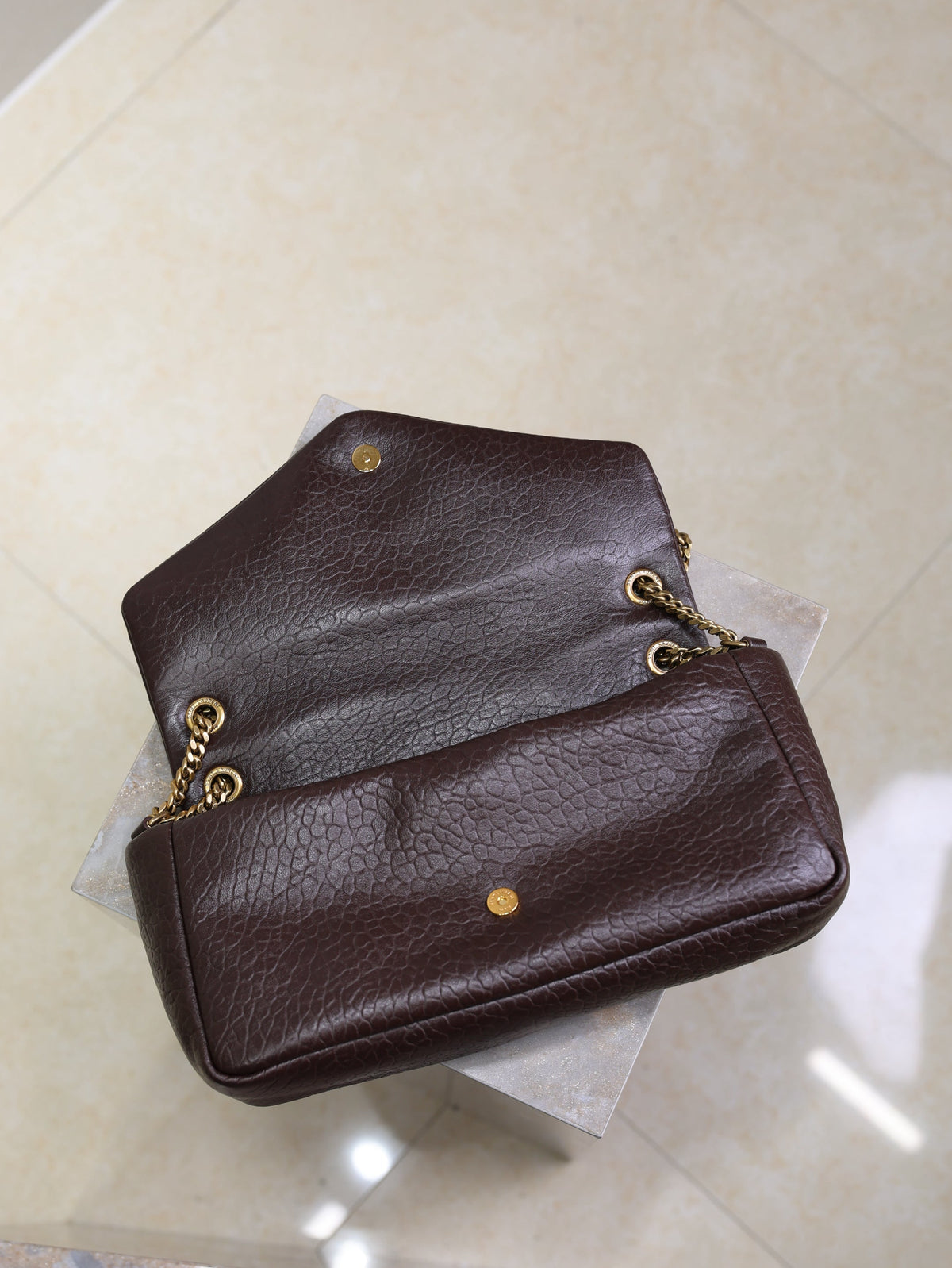 YSL 25S CALYPSO 30 IN DARK CHOCOLATE GRAINED CALFSKIN GOLD HARDWRE