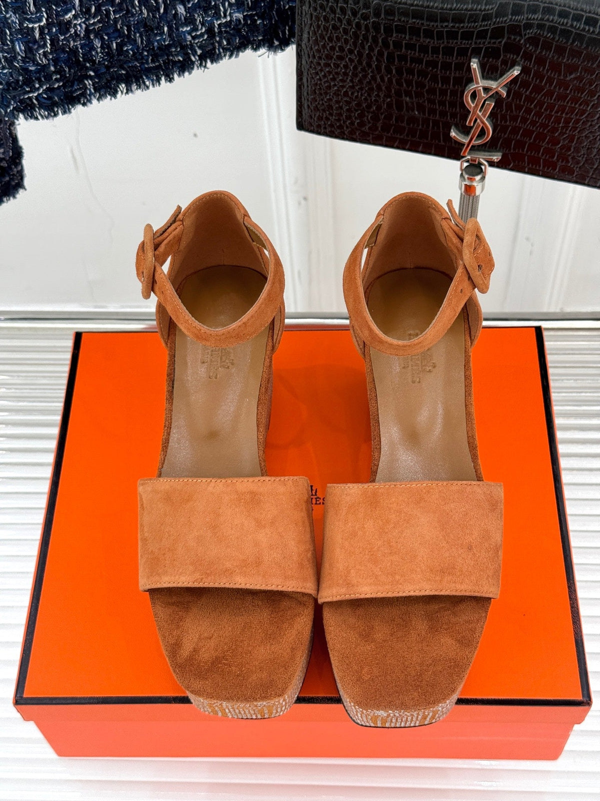 HERMES ILLUSION 35 SANDAL IN VIVID ORANGE SUEDE WITH RHINESTONE DETAILS