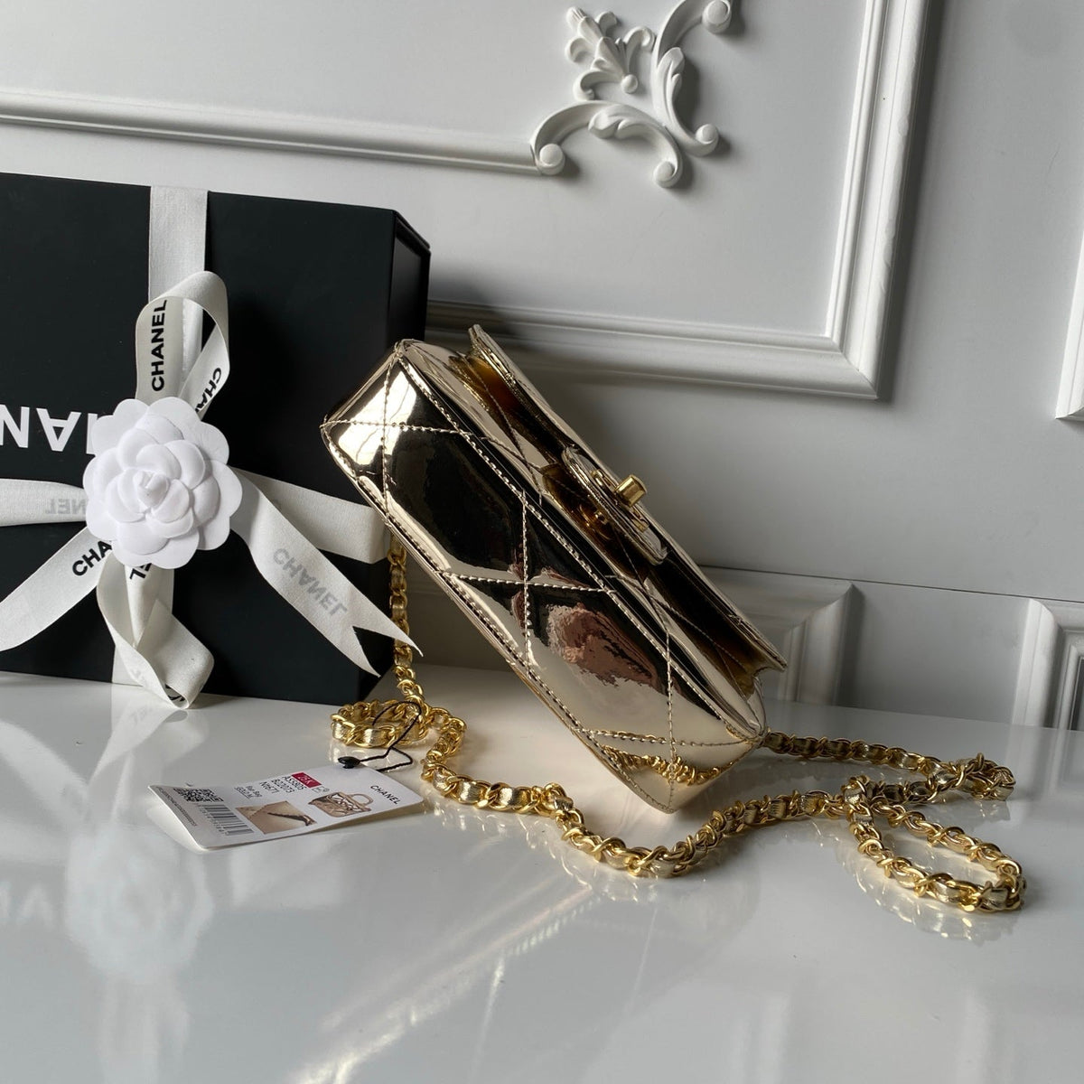 CHANEL 25S FLAP BAG 18 IN METALLIC GOLD CALFSKIN