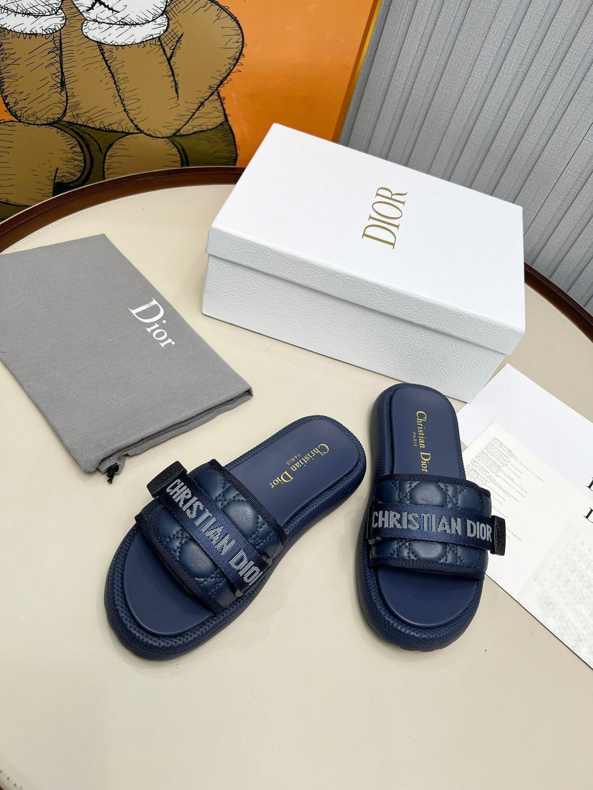 DIOR PLATFORM SLIDES 25S 50MM IN NAVY BLUE CALFSKIN AND ELECTRIC FABRIC