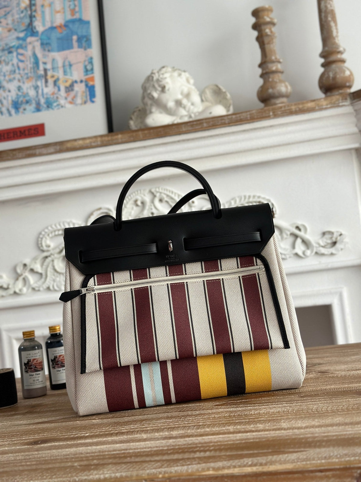 HERMES HERBAG ZIP 31 LAQUERED BAG IN BROWN MIX YELLOW H PLUME CANVAS