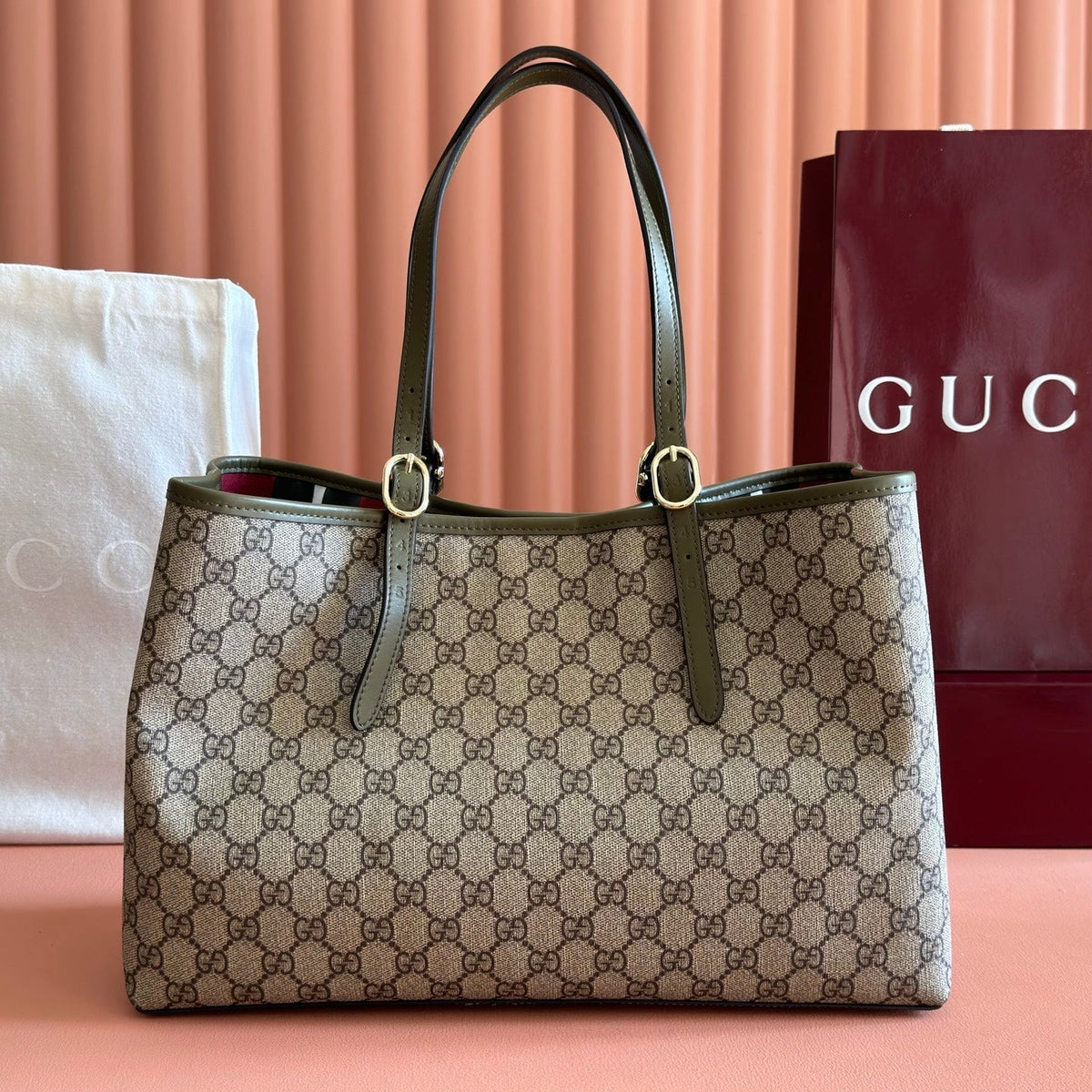 GUCCI 26S TOTE BAG 38 IN DARK BEIGE AND MOSS GREEN CANVAS