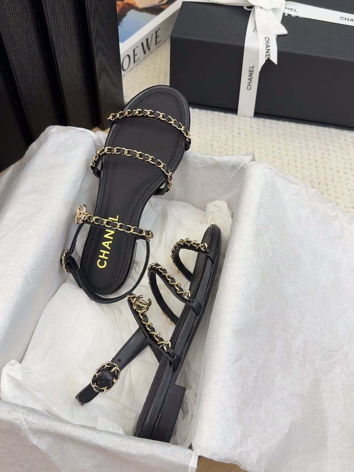 CHANEL THREE-STRAPS SANDALS IN BLACK CALFSKIN WITH GOLD HARDWARE
