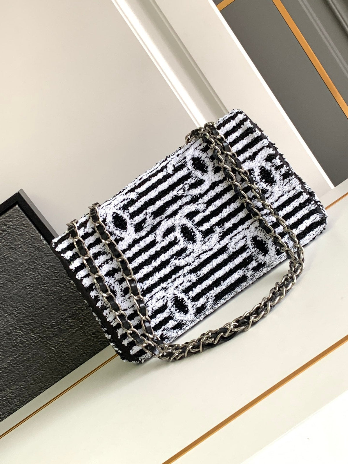 CHANEL 25S FLAP BAG 25 CM IN WHITE MIX BLACK SEQUINS