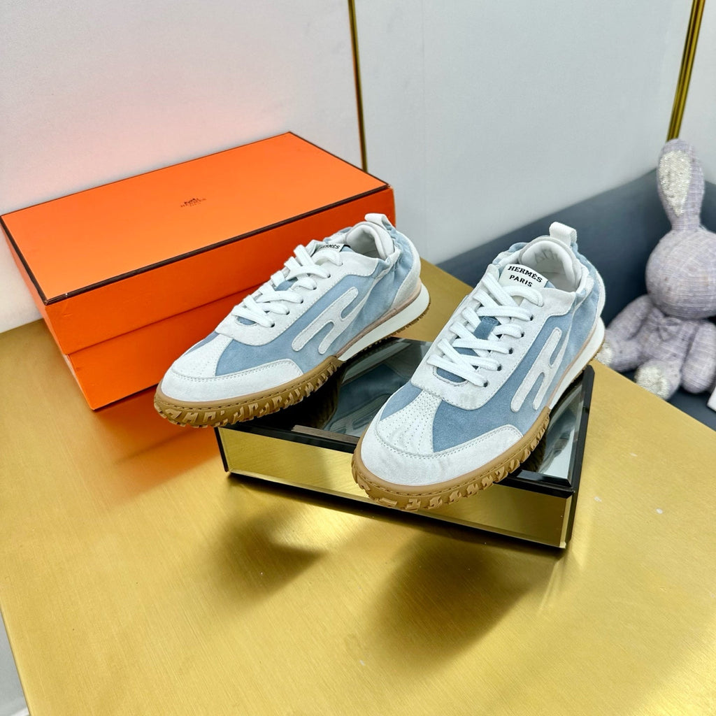 HERMES JET SNEAKER IN PALE GRAY MIX SAPPHIRE BLUE SUEDE