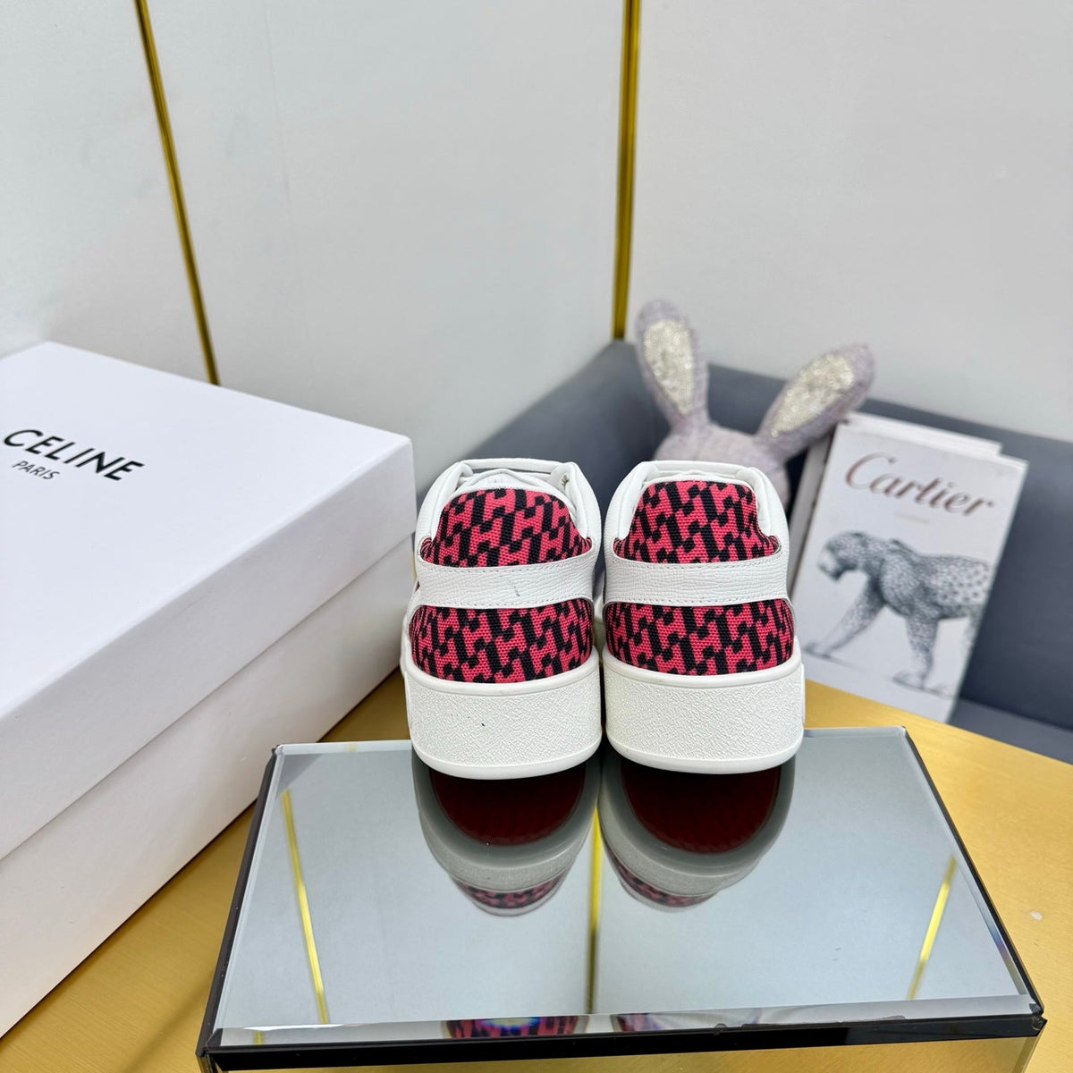 HERMES FREE SNEAKER IN WHITE CALFSKIN AND "H EN BIAIS" RED CANVAS.