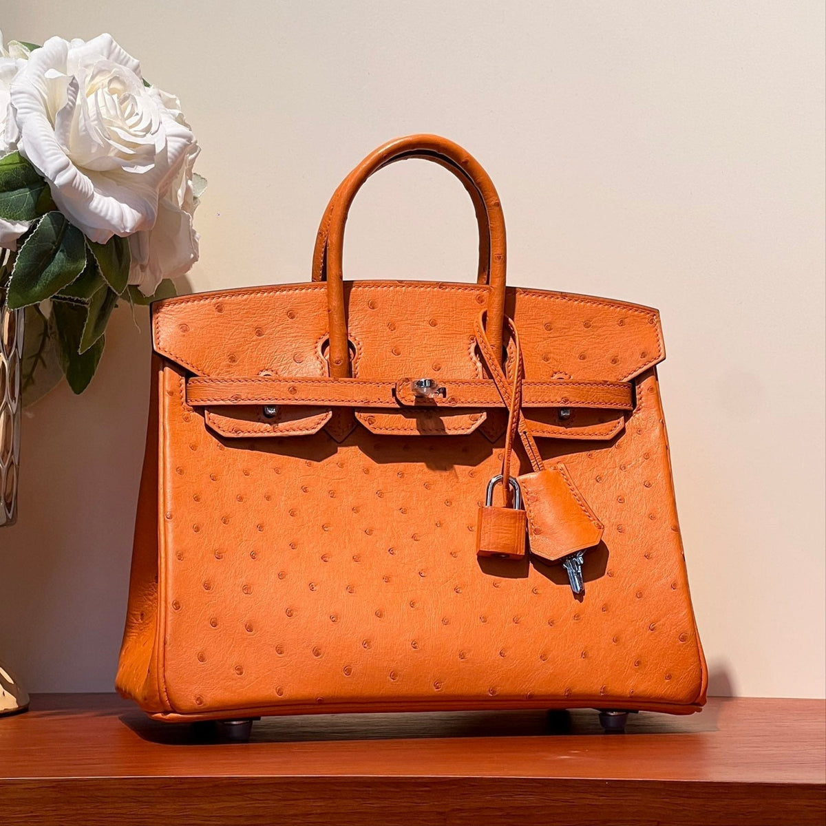 HERMES KELLY SELLIER 25 BAG IN FIRE ORANGE OSTRICH LEATHER WITH SILVER HARDWARE