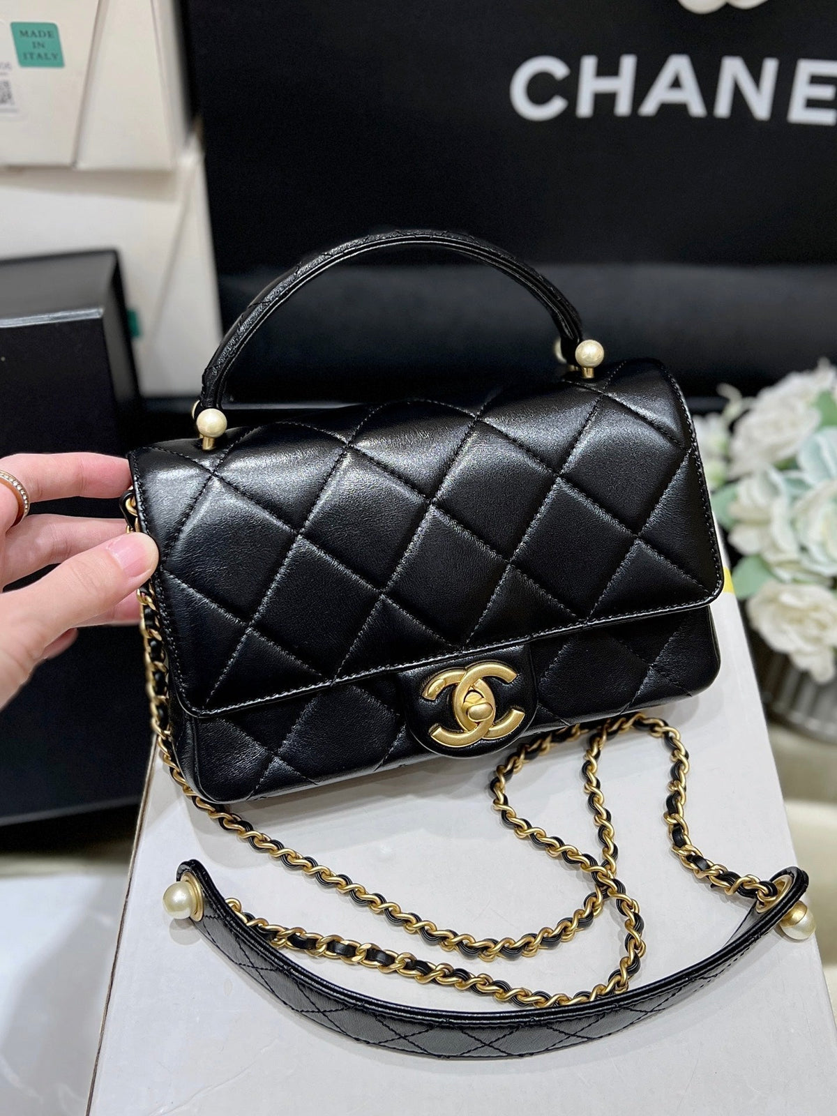 CHANEL PEARL LIMITED EDITION FLAP BAG WITH HANDLE 20 IN BLACK LAMBSKIN