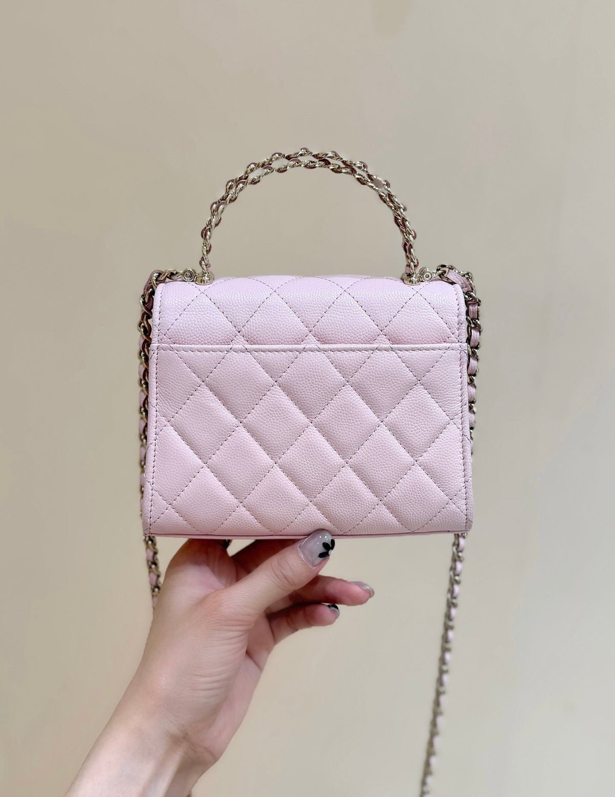 CHANEL QUILTED FLAP BAG WITH HANDLE 18 IN BABY PINK LAMBSKIN GOLD HARDWARE