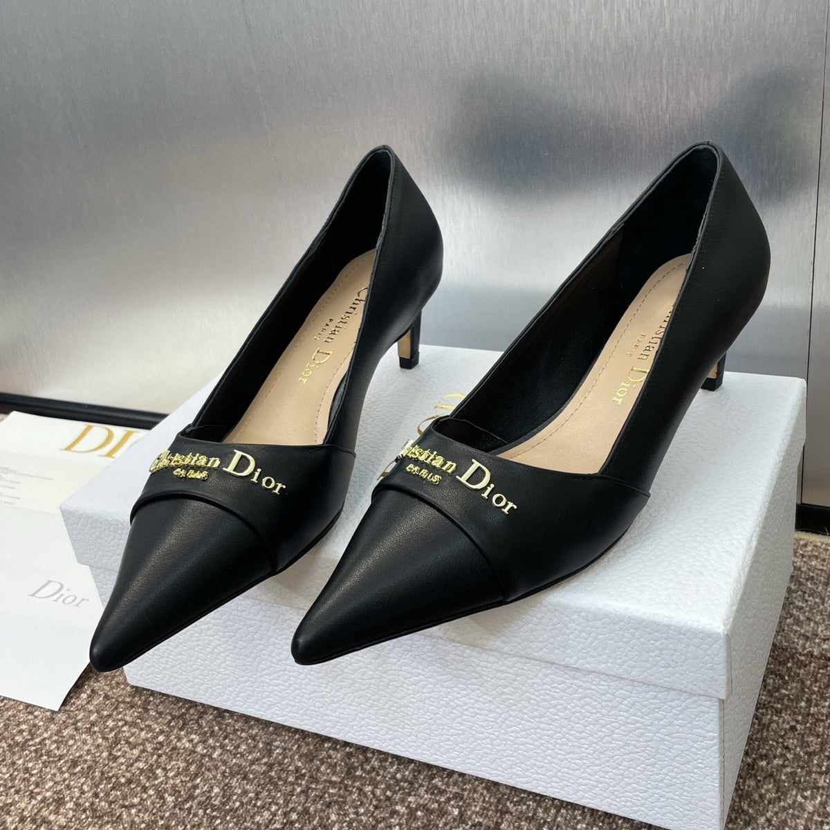 DIOR MY DD 25S HIGH HEEL 55MM IN BLACK CALFSKIN GOLD LOGO